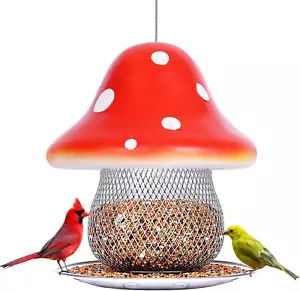 Red Mushroom Solar Bird Feeders - Outdoors Hanging Bird Feeders, Metal Wild Bird - Picture 1 of 12