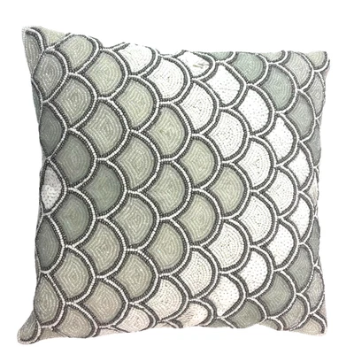 Beaded Half Circles Accent Throw Zip Pillow Decor  13" Sq Faux Silk Green White - Image 1 of 4