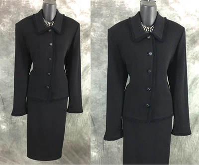 NUEVO CON ETIQUETAS NUEVO Chaqueta Colección St John Tejido Negro Flecos Traje Blazer Talla 14 Foto 1 de 4