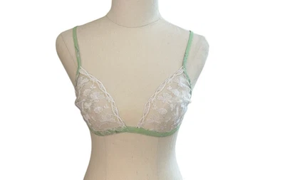 La Perla Bralette Bra Size 36 Green/White Lace Triangle Lingerie Underwear - Imagem 1 de 4