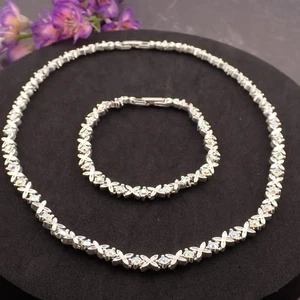 Vintage 1990's XO AB Rhinestone 16" Necklace 7 1/2" Silver Tone Bracelet Set - Picture 1 of 6