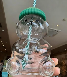 Glass Bear Cup with Lid and Straw,20oz Cartoon Mug,Microwave Safe Drinking - Picture 1 of 12