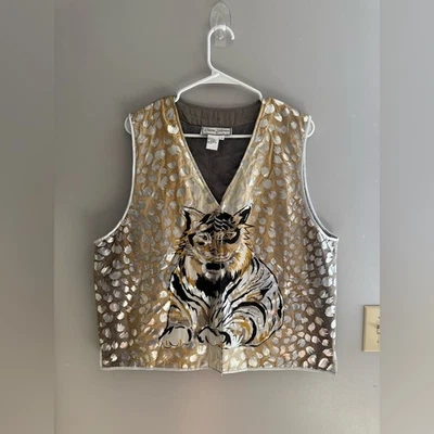 VTG Diane Gilman Metallic Tiger Print Button Front Vest Womens SZ M 100% Silk - Image 1 of 4