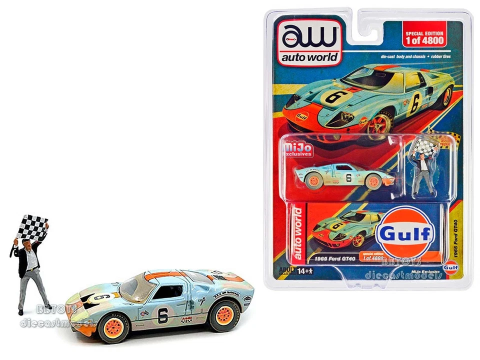 Ford GT40 1965 #6 (versión de carreras) "Gulf" con figura 1/64 de Auto World CP8053 Foto 1 de 3