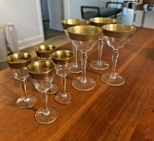Vintage Tiffin Rambler Rose Etched Stemware – Set of 8 – Mid-Century Gold Encrus - Foto 1 di 6