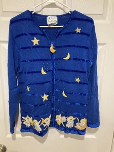 Vintage Quacker Factory Sweater Full Zip Star Moon Angels Embroidered Beads - Picture 1 of 6