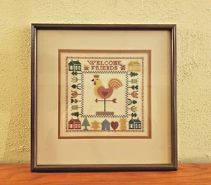 Vintage punto ago benvenuto amici banderuola gallo cuori incorniciato fattoria - Foto 1 di 5