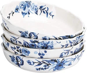 Aquarell blaue Blume Keramik 32 Unzen überbackene Abendessen Schüsseln, 4er Set, für Pasta, - Bild 1 von 5