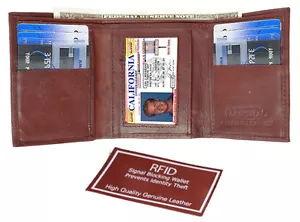 Red RFID Blocking Mens Leather ID 7 Credit Card ID Window Thin Trifold Wallet - Picture 1 of 8