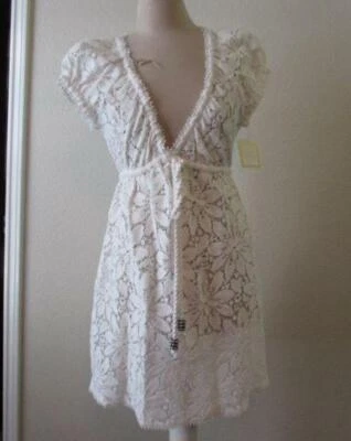 MILLY Blanco Pequeño Profundo Vee Crochet Algodón Natación Cubre NUEVO $280 Foto 1 de 4