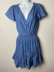 155 $ Michael Kors Kleid gesmoktes Taillenkleid jeansblau V-Ausschnitt Rüschen Größe XS - Bild 1 von 3