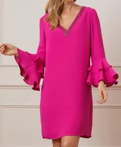 RRP£79 BNWT WALLIS Embellished Ruffle Sleeve Shift Dress Magenta Sz14 - Picture 1 of 8