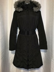 PLANET Black Padded Coat Jacket Soft Faux Fur Hood With Belt Size UK 14