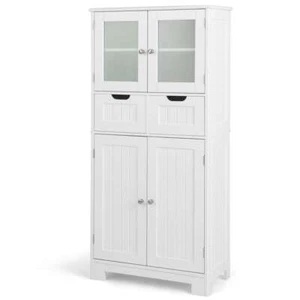 White Bathroom Floor Storage Cabinet with 2 Drawers and Glass Doors - Picture 1 of 8