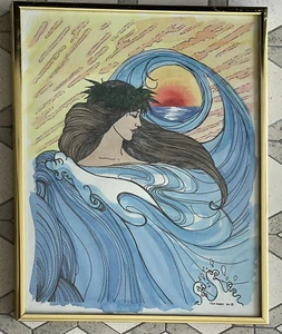 Tina Hobbs Watercolor 1984 Hawaiian Ocean Goddess Vintage Art Framed - Picture 1 of 6