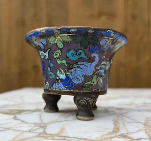 Chinese Antique Cloisonne & Bronze Tripod Censer c18th Qianlong Period Bats Qing - Picture 1 of 24