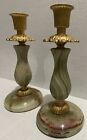 Two Travertine Onyx & Brass Candle Holders, Ht. 7 1/2 Inches, Base 3 1/2 Wide