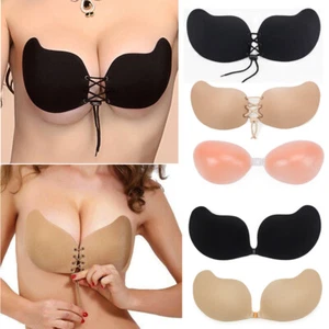Women's Strapless Invisible Bra Backless Self-Adhesive Push Up Bras Black Nude - Picture 1 of 29