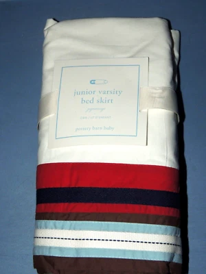 POTTERY BARN KIDS JUNIOR VARSITY CRIB SKIRT DUST RUFFLE SPORTS RED BLUE BROWN - Image 1 of 4