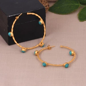 Hammered Hoop Earrings Multi Turquoise Stone Thin Gold Plated Hoop Handmade Gift - Picture 1 of 10