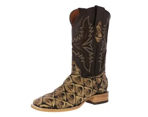 Mens Sand Cowboy Boots Pirarucu Print Leather Western Rodeo Ranch Square Toe - Picture 1 of 5