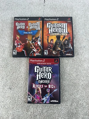 Lot of PS2 Games Guitar Hero 1 II 2 III 3 & Encore Rocks the 80's - Image 1 of 3