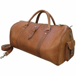 Unisex Genuine Leather Large Vintage Duffel Travel Weekender Overnight Bag - Picture 1 of 7