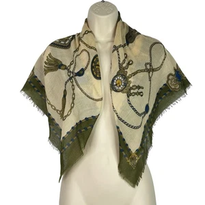 Vintage Italian Scarf 30x30 Chain & Tassel Print Square Scarf Green Beige Blue - Picture 1 of 6