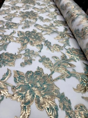 Sage Gold Floral Organza Brocade Fabric Sold By The Yard Textured For Dress Prom - Image 1 of 4