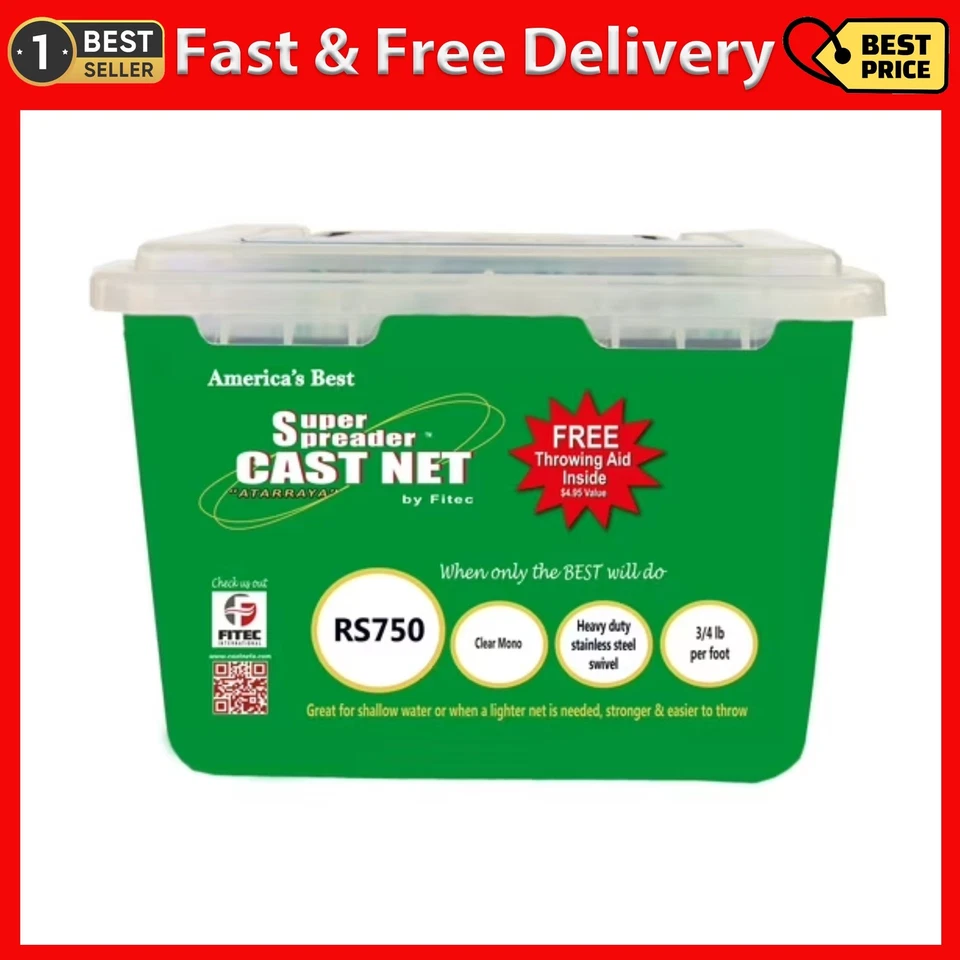Red fundida de pesca de malla Fitec RS750 Super Spreader 4,5' x 3/8", mono transparente, 3/4 lb Foto 1 de 4