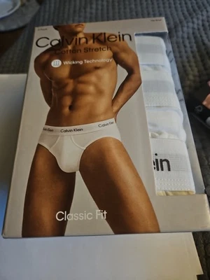 CALVIN KLEIN MEN'S UNDERWEAR COTTON STRETCH White 3 PACK Hip Briefs XL Brand New - Image 1 of 4