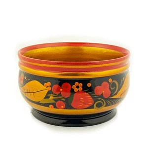 Khokhloma Bowl Russian Folk Art With a Red and Gold Floral Design 4 3/4 Inch - Picture 1 of 2