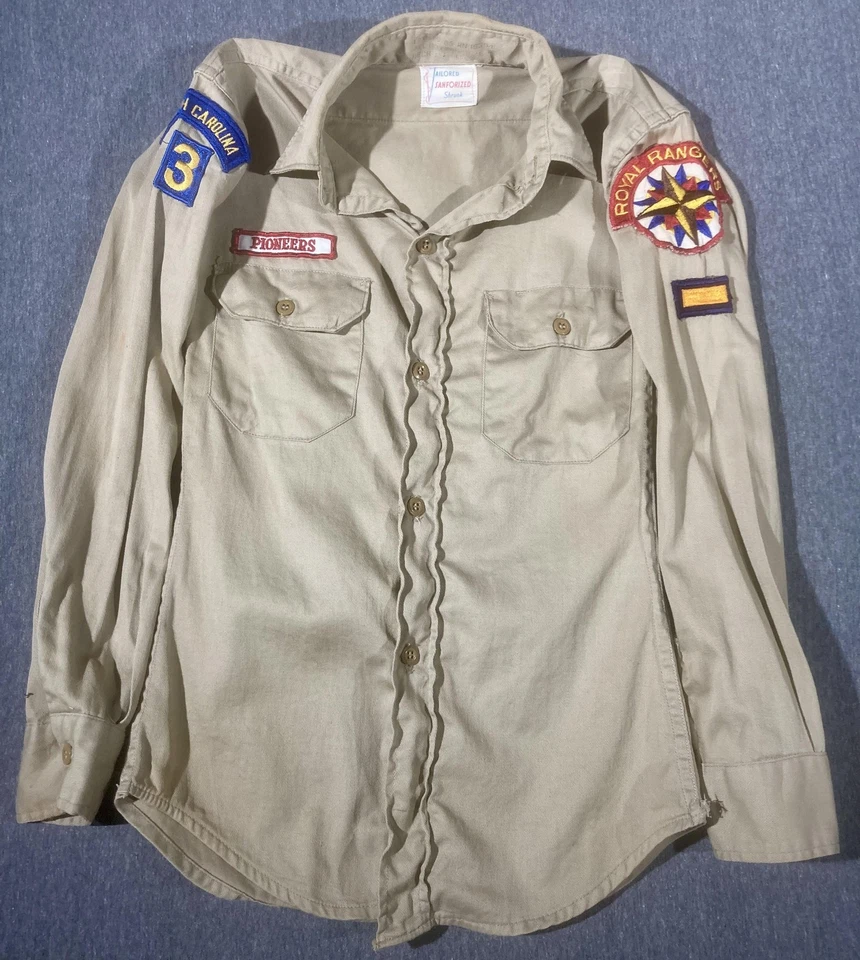 Camisa DE COLECCIÓN Royal Rangers Niños 14 Parches Uniformes Caqui Carolina del Sur Años 70 Foto 1 de 4