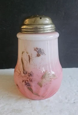 Antique sugar shaker  pink/white hand blown glass with screw top lid - Image 1 of 3