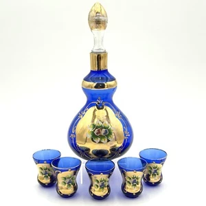 Vtg Venetian Glass Cobalt Blue Gold Decanter Set With Glasses Enamel Flowers - Picture 1 of 18
