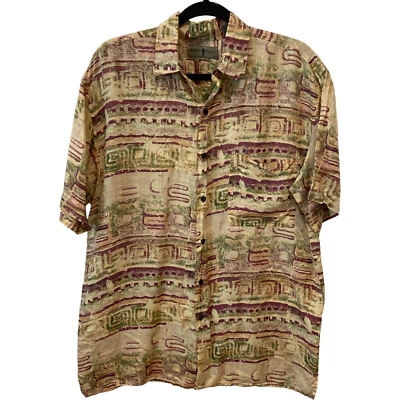 Camisa masculina Robert Stock de seda com colarinho de botão manga curta geométrica M vintage - Imagem 1 de 4