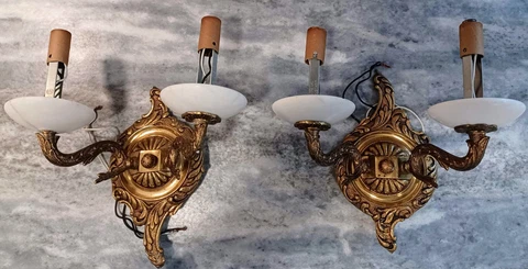 Vintage Brass And Alabaster Double Arm Wall Sconce Pair Spain Cover
