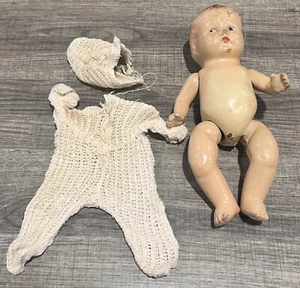 VINTAGE DOLL 9 INCH COMPOSITION BABY DOLL W/ Vintage Handmade Clothing - Picture 1 of 13