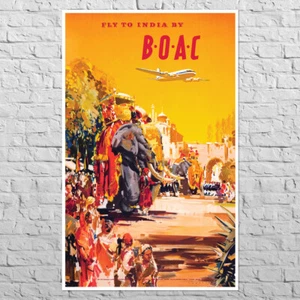 Poster BOAC Fly to India, 1952 | 21x34" Big size A1 | Retro wall art, Orange - Picture 1 of 5