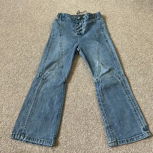 Vintage Y2K Xhiliration Seam Details Jeans Blue Lace Up Wide Leg Flare Girls 6 - Picture 1 of 5