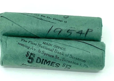 TWO---1954 Orig Bank wrapped  Rolls  SILVER Dimes  National Bank Scranton PA - Image 1 of 3