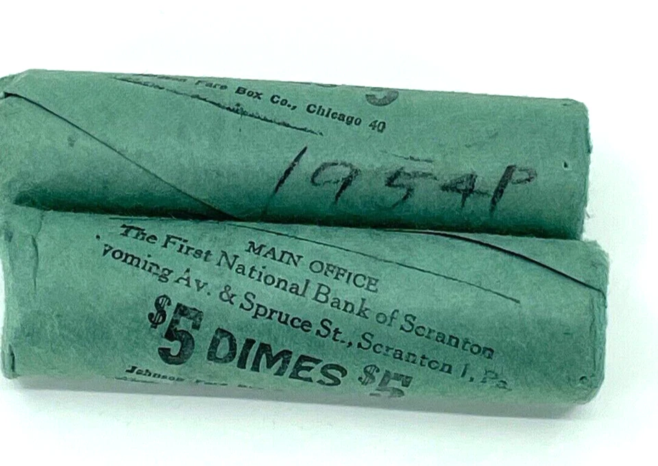 WOW---(2)-1954 Orig Bank wrapped  Rolls  SILVER Dimes  National Bank Scranton PA - Image 1 of 3