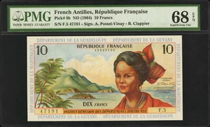 French Antilles 10 Francs ND (1964) Pick-8b SUPERB GEM UNC PMG 68 EPQ - Picture 1 of 2