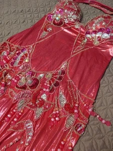 Costume danza del ventre professionale vintage vestito rosa perline frange taglia M/L/PXL C/D/DD - Foto 1 di 13