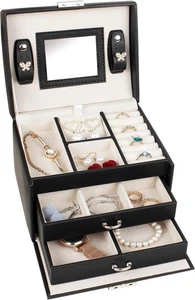 KILHS Schmuckkästchen 3-lagig PU Leder Schmuck Aufbewahrungsbox mit Spiegel und Schloss - Bild 1 von 11