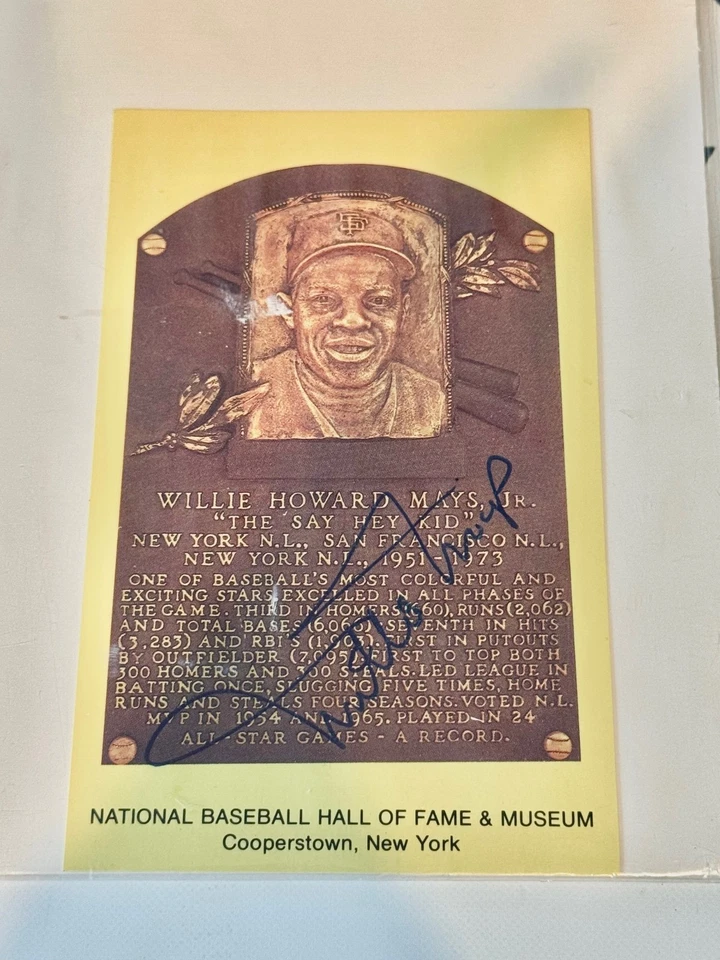 Postal con placa amarilla firmada autografiada por Willie Mays HOF Foto 1 de 1