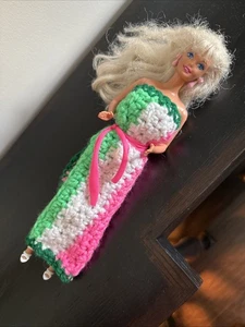 Vintage Barbie Doll 80’s 90’s Green Pink White dress, Big Pink Earrings a1 - Picture 1 of 13