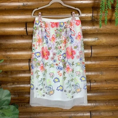 Marc Bouwer Unlimited Women's M White Floral Embroidery Midi Skirt Boho Preppy A - Image 1 of 4