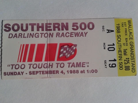 Nascar Darlington Raceway 1988 Southern 500  ticket stub Bill Elliott Winner Cover