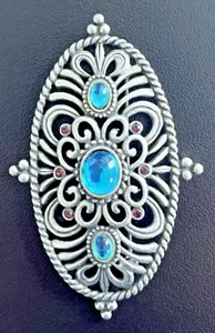 Vintage signierte JJ silberfarbene Brosche mit blauem Glas Cabochon kostenloser Versand! - Bild 1 von 3
